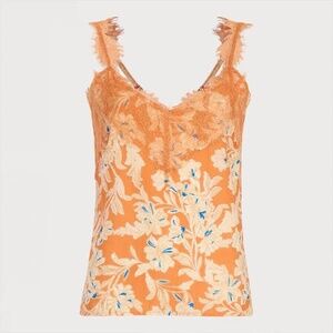 Sam Edelman Women's Palmer Floral-Print Orange Lace-Trim Tank Top Size S
